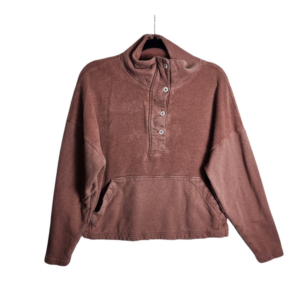 REI Co-op Women Hemp Cotton Blend Button Mock Neck Pullover Sweatshirt Brown S